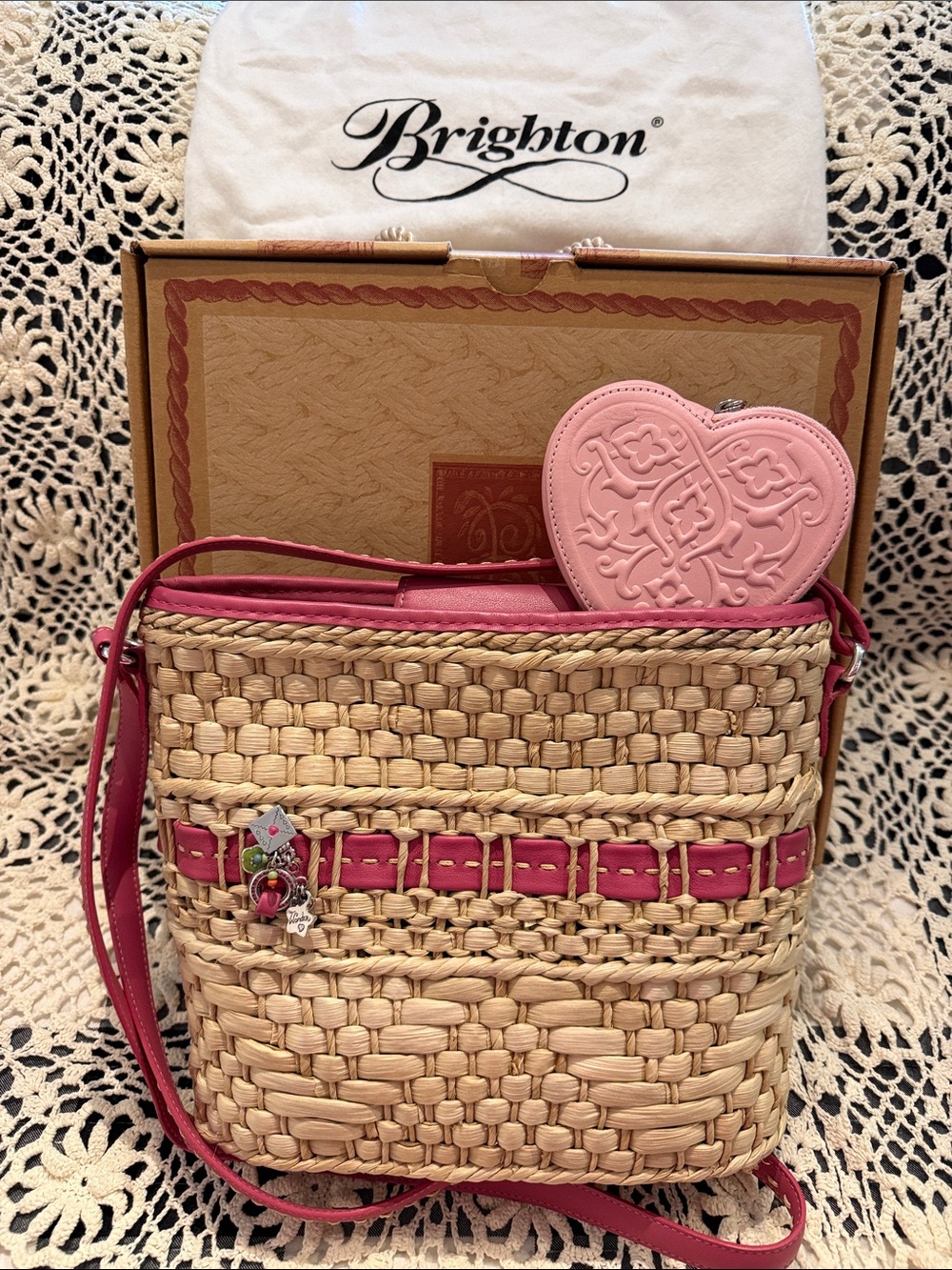 Brighton Natural Woven Crossbody with Pink Trim and Heart Coin Pouch Bundle